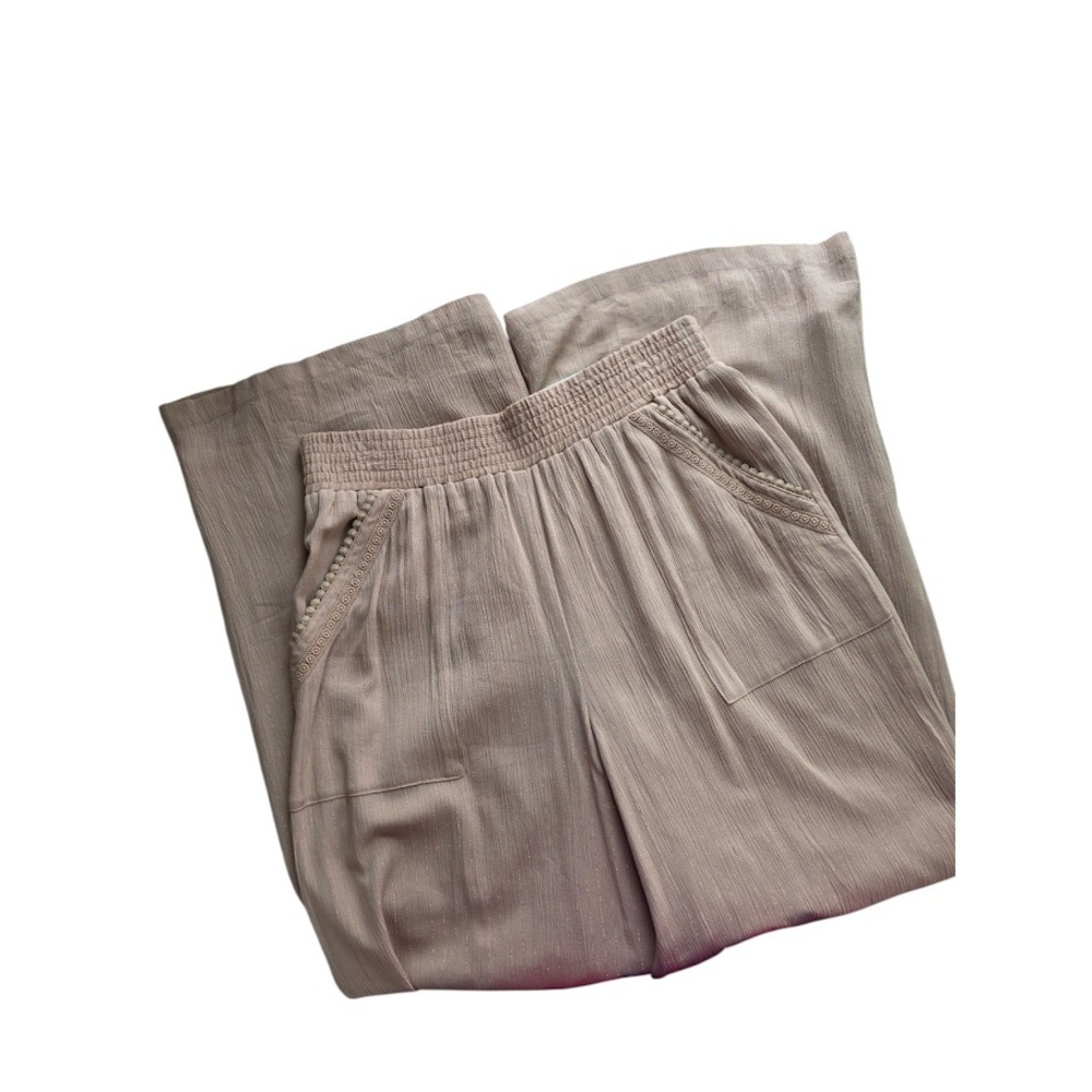 International Concepts Wide Leg Pants Womens L Beige Metallic Smocked Boho Gauze